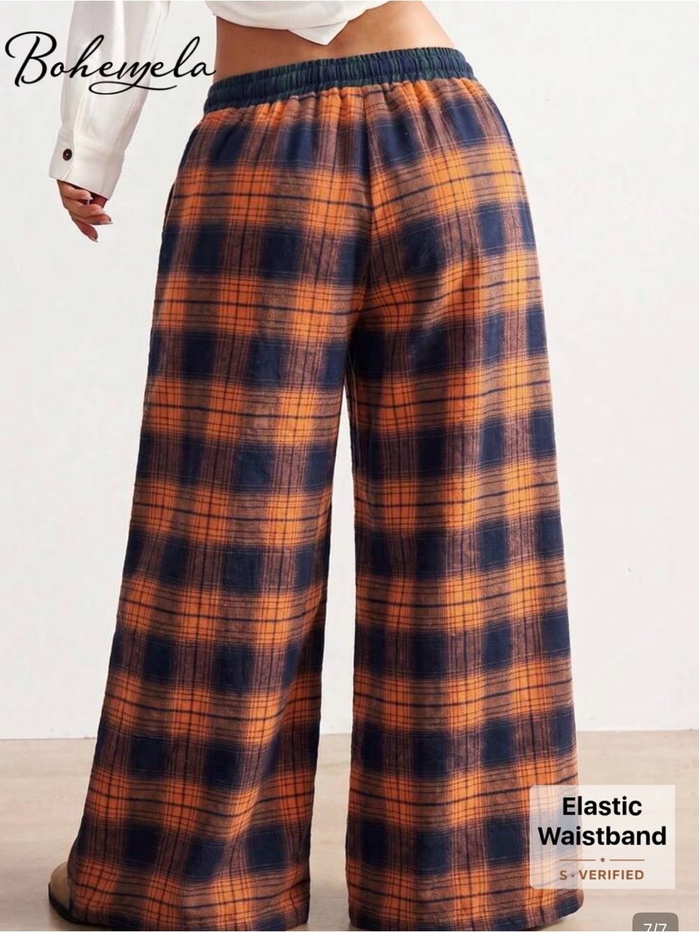 NWT Bohemela Orange and Navy Plaid Wide-Leg Lounge Pants, Various Sizes - Picture 6 of 14